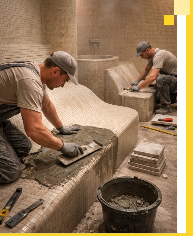 Лежаки для хамама под ключ в Верхней Пышме, проект и монтаж